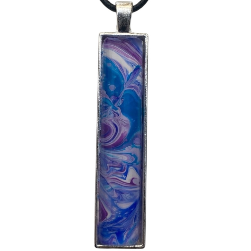Hand Crafted Necklace Fluid Art Bar Pendant by Svetlana Yeung Blue Purple